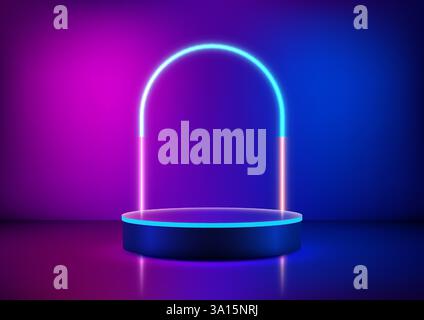 Futuristisches Podium in 3D-Schwarz mit einem leuchtenden blauen und rosa Neonring, der vor einem violetten und blauen Hintergrund leuchtet, Technologiekonzepte, Produktdisplays Stock Vektor