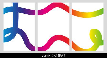 Abstraktes Triptychon mit ineinander verwobenen Regenbogenverlaufslinien auf weißem Hintergrund. Moderne geometrische Wandbilder für Inneneinrichtung und Druck Stock Vektor