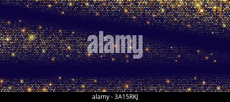 Goldener Glitzer auf schwarzem Hintergrund. Staubiges und Konfetti-Punktmuster mit Rastereffekt. Leuchtende Glitzer und glänzende Sterne. Abstrakter Vektor-Schimmer Stock Vektor