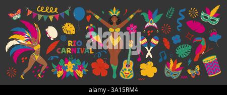 Traditionelle brasilianische Karnevalssymbole. Masken, exotischer Vogel, tanzende Menschen, Gitarre, Blumen. Moderne Vektorillustration. Stock Vektor
