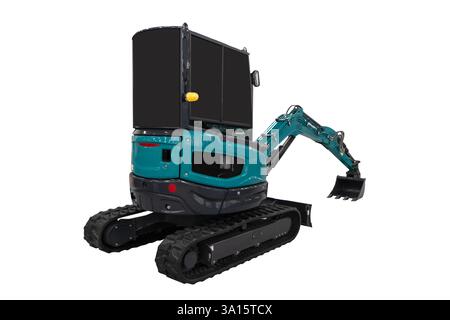 Kleiner oder kleiner gelber Bagger, isoliert auf weißem Hintergrund. Baumaschinen für Erdarbeiten unter beengten Bedingungen. Baumaschinen Stockfoto