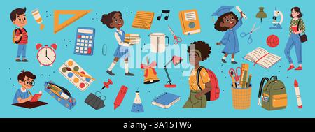 Set mit Schulmaterial. Schulschüler, Rucksack, Bücher, Taschenrechner, Radierer, Kugel, Kugel, Glocke, Büroklammer. Handgezeichnete Abbildung Stock Vektor