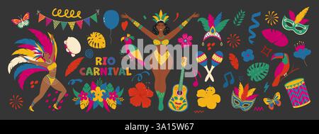 Traditionelle brasilianische Karnevalssymbole. Masken, exotischer Vogel, tanzende Menschen, Gitarre, Blumen. Moderne Vektorillustration. Stock Vektor