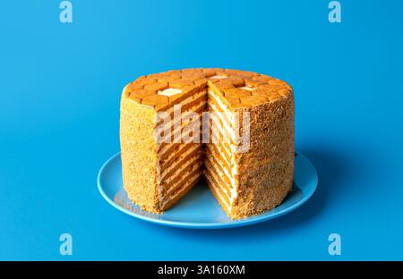 Hausgemachter Honig-Lagen-Kuchen, russisches Rezept, isoliert auf blauem Hintergrund Stockfoto