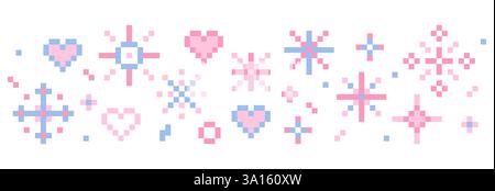 Pixelstern funkeln niedlicher, nahtloser Rand im Retro-Look mit 8 Bit Funkeln. Glänzende pinkfarbene Dekoration mit Pixel-Kunsteffekt. Feuerwerk geplatzt, Pfeil, Raumdekoration. Ästhetik der 90er Jahre, y2k. Vektorabbildung Stock Vektor