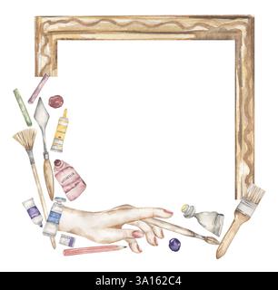 Aquarell Hand gezeichneter Künstler liefert Rahmen Illustration, Pinsel, Tuben und Hand mit Pinselrand Rahmen Clipart Stockfoto