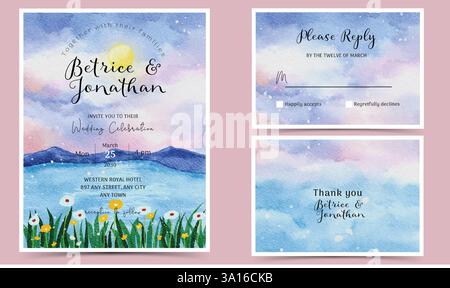 Hochzeitseinladungs-Suite in Aquarellfarben mit Landschafts- und Blumenelementen einschließlich Einladung, RSVP-Karte und Dankeskarte Stock Vektor