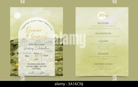 Aquarell Wiese Feld und Blumen Hochzeit Einladung Vorlage Stock Vektor