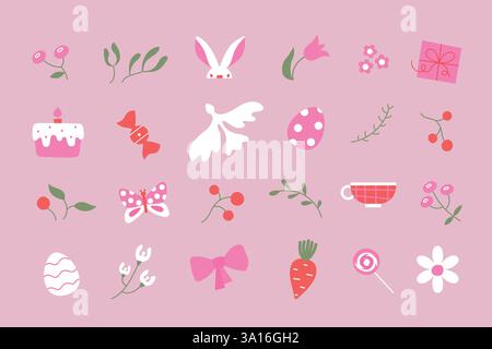 Einfache süße, pinke Osterelemente. Cartoon Vektor minimallist Osterbrot, Frühlingsblumen, Ei Illustrationen. Stock Vektor