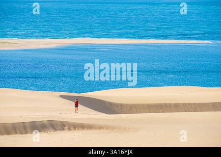 Frankreich, Gironde, Pyla-sur-Mer, große Stätte der Düne du Pilat, Naturschutzgebiet und höchste Düne Europas, Banc d'Arguin im Hintergrund Stockfoto