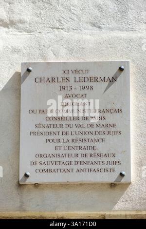 Frankreich, Paris, Ile Saint Louis, Gedenktafel zu Ehren von Charles Lerderman Stockfoto