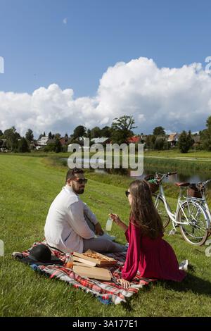 Paare beim Picknick mit Pizza und Fahrrädern auf Glas am Fluss Stockfoto