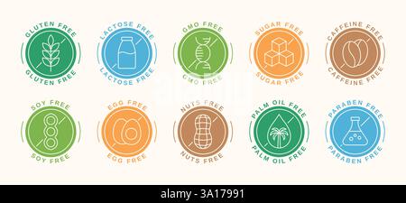 Set farbenfroher allergenfreier Symbole. Lebensmitteletiketten und -Abzeichen. Glutenfrei, laktosefrei, zuckerfrei. Vektorabbildung Stock Vektor