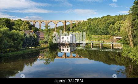 Goehrenviadukt, Eisenbahnbrücke über die Zwickauer Mulde mit Reflexion, Wechselburg, Sachsen, Deutschland, Europa Stockfoto