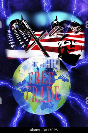 Symbolisches Image, Freihandel, Freihandel, politische Korrektheit, neuer Sherif in der Stadt, Ukraine, Russlandkrieg, EU, Deutschland und Weltwirtschaft unter US-Diktat Stockfoto