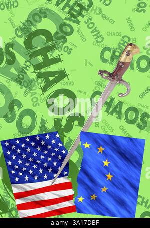 Symbolisches Image, Chaos verursacht durch America-First-Politik, EU und Deutschland unter politischem Druck, Industrie, Donald Trump, Dealforderungen, Zolldrohungen, E Stockfoto