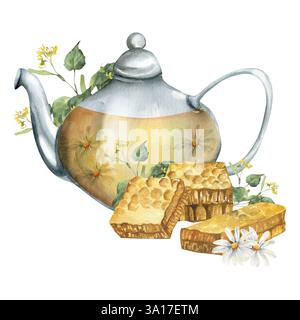 Kräutertee-Aquarellkomposition mit Glas-Teekanne, Kamillenblüten, Wabenstücke und Lindenzweige Illustration. Isoliertes gesundes Heißgetränk Stockfoto