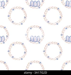 Nahtloses Aquarellmuster für Ostern. Festliches Osterornament auf isoliertem weißem Hintergrund. Clip-Art von bemalten Eiern mit einem Weidenkranz. Ideal für Stockfoto