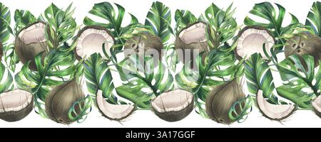 Kokosnüsse ganz, Hälften und Stücke mit hellen, grünen, tropischen Palmenblättern. Handgezeichnete Aquarellillustration. Nahtloser Rand isoliert vom Stockfoto