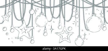 Goldene Weihnachtskugeln und Sterne hängen an Perlen mit funkelnden Sternen. Weihnachten, Neujahr, Winter Line Art handgezeichnete Illustration in schwarz und Stock Vektor
