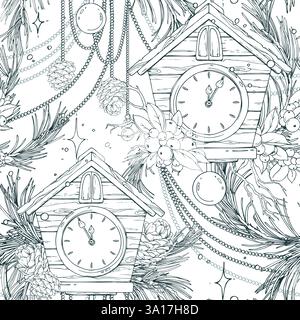 Hölzerne Hausuhr mit Kuckuck, Tannenzweigen und -Kegeln, Schneebeere, Perlen, funkelnden Sternen. Weihnachten, Neujahrslinie Kunst handgezeichnete Illustration in Stock Vektor