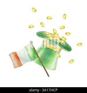 Grüner Zylinder mit Goldmünzen und irischer Flagge. Symbole des Heiligen Patricks Day Feiertags. Handgezeichnete Aquarellillustration isoliert auf weiß. Für Greeti Stockfoto