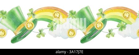 Grüner Hut, Goldmünzen, Klee, Regenbogen, nahtloser Rand. Symbole des St. Patricks Day Feiertags. Handgezeichnete Aquarellillustration. Zur Begrüßung des Autos Stockfoto