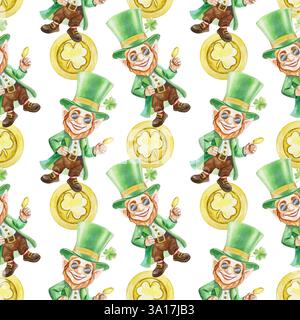 Leprechaun und Goldmünzen, nahtloses Muster. Symbole des St. Patricks Day Feiertags. Handgezeichnete Aquarellillustration. Für Grußkarten, PAP einwickeln Stockfoto