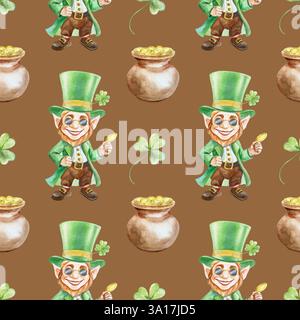 Leprechaun und Tontopf mit Goldmünzen, nahtloses Muster. Symbole des St. Patricks Day Feiertags. Handgezeichnete Aquarellillustration. Grußkarten, wr Stockfoto