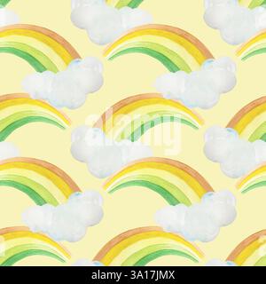 Regenbogen und Wolken, nahtloses Muster. Symbole des St. Patricks Day Feiertags. Handgezeichnete Aquarellillustration. Für Grußkarten, Geschenkpapier, te Stockfoto