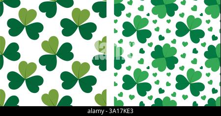 Kleeblätter und dekorative Herzen nahtloses Muster Trefoil und Quatrefoil abstrakte Hintergründe Set. Isolierte Vektor-Illustration Hintergrundbild Thematische Karten oder Web-Promo-Broschüre, Banner, Druckmaterial Stock Vektor