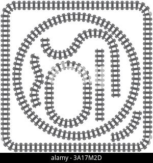 Vektor-Bahngleis-Illustration. Eisenbahnmuster, runde Kreiskurve Symbol für den Eisenbahnweg. Gerade, rund, rechteckig, ovale Formen, Symbolizi Stock Vektor