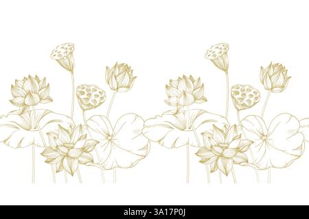Lotus Gold blüht und hinterlässt nahtlose Grenzen. Vektorillustration handgezeichnet und isoliert auf weiß Stock Vektor