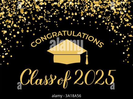 Banner der Klasse 2025. Goldene Konfetti-Abschlussfeier oder Abschlussball-Dekorationen. Glückwunsch an das Typografie-Poster der Absolventen. Vektorabbildung Stock Vektor