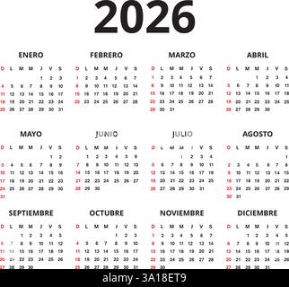 Ein Blatt 2025 spanischsprachiger Kalender auf weißem Hintergrund Stock Vektor