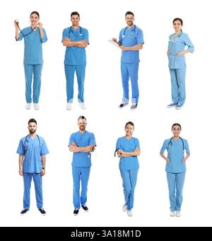 Medizinische Krankenschwestern in Uniformen auf weißem Hintergrund, Set Stockfoto