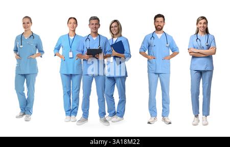 Medizinische Krankenschwestern in Uniformen auf weißem Hintergrund, Set Stockfoto