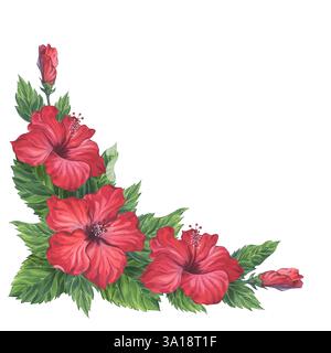 Komposition mit roten Hibiskusblüten, Knospen und sattgrünen Blättern. Handgemalte botanische Illustration mit Aquarell. Ideal für Grußkarten, tropisch Stockfoto