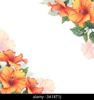 Tropischer oranger Hibiskus-Aquarellrahmen mit Blumenmuster Stockfoto
