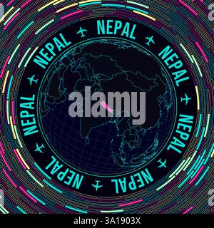 Nepal auf dem Globus. Satellitenansicht der Welt mit Schwerpunkt Nepal. Leuchtender Neonstil. Futuristischer Radialziegelhintergrund. Fantastische Vektor-Illustration. Stock Vektor