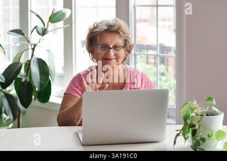 Ältere Frau, die am Schreibtisch sitzt und mit einem Laptop über Videochat spricht Stockfoto