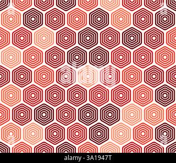 Sechseckiger Hintergrund. Auffälliges, abgerundetes, gestapeltes Sechseck-Mosaikmuster. Rote Farbtöne. Sechseckige Zellen. Nahtloses Muster. Illustration des Tileable Vektors. Stock Vektor