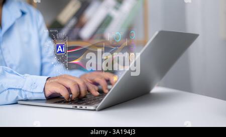 Künstliche Intelligenz um das Geschäft effizienter zu machen, nutzt Geschäftsmann KI-Technologie, um Big Data zu analysieren und im täglichen Leben zu nutzen, KI te Stockfoto