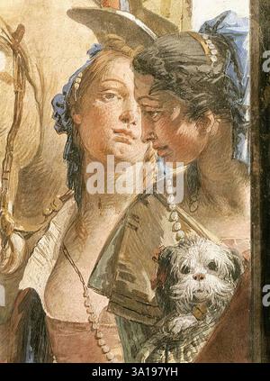TIEPOLO, Giovanni Battista (* 1696, Venezia, d. 1770, Madrid) die Entourage von Kleopatra (Detail) 1746-47 Fresco Palazzo Labia, Venedig die beiden Dienerinnen mit dem Hund sind typische Nebenfiguren, die Tiepolo immer wieder in zahlreichen Werken verwendet, um die Haupttätigkeit zu bereichern. Die besondere Art und Weise, wie die Gesichter gerendert wurden, beeindruckt hier. Der Vorder ist im Halbschatten, der dahinter brillant beleuchtet, wodurch eine räumliche Abstufung entsteht. --- Schlüsselwörter: ----------------- Autor: TIEPOLO, Giovanni Battista Titel: Die Entourage von Kleopatra (Detail) Zeitlinie: Stockfoto