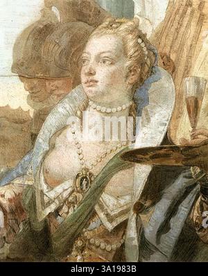 TIEPOLO, Giovanni Battista (* 1696, Venezia, d. 1770, Madrid) das Bankett von Kleopatra (Detail) 1746-47 Fresco Palazzo Labia, Venedig dieser Teil des Freskos zeigt die Sorgfalt, die Tiepolo auf Details wie Schmuck, Kostüme und Geschirr verschwendete. --- Schlüsselwörter: ----------------- Autor: TIEPOLO, Giovanni Battista Titel: Das Bankett von Kleopatra (Detail) Zeitlinie: 1701-1750 Schule: Italienisch Form: Malerei Art: Historisch Stockfoto