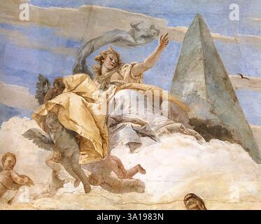 TIEPOLO, Giovanni Battista (* 1696, Venezia, d. 1770, Madrid) Bellerophon auf Pegasus (Detail) 1746-47 Fresco Palazzo Labia, Venedig im Gegensatz zur turbulenten Figurengruppe Bellerophon auf Pegasus stellt die Darstellung des Ruhmes neben der Pyramide, begleitet von mehreren Putten, eine Oase des Friedens in der Gesamtkomposition dar, die ihrer thematischen Bedeutung der zeitlosen Ewigkeit entspricht. --- Schlüsselwörter: ----------------- Autor: TIEPOLO, Giovanni Battista Titel: Bellerophon on Pegasus (Detail) Zeitlinie: 1701-1750 Schule: Italienisch Form: Malerei Typ: Mythologisch Stockfoto