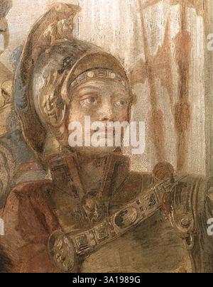 TIEPOLO, Giovanni Battista (* 1696, Venezia, d. 1770, Madrid) das Bankett von Kleopatra (Detail) 1746-47 Fresco Palazzo Labia, Venedig für das Gesicht von Anthony Tiepolo fiel auf eine Art von Porträt zurück, die er oft in anderen Zusammenhängen verwendete, z. B. für den Kriegsgott Mars. Dieser Abschnitt zeigt uns die detaillierte Darstellung der ornamentalen Verzierungen an Rüstung und Helm und zeigt damit die Bedeutung, die Tiepolo solchen scheinbar unbedeutenden Details beimisst. --- Schlüsselwörter: ----------------- Autor: TIEPOLO, Giovanni Battista Titel: Das Bankett von Kleopatra (Detail) Zeit Stockfoto