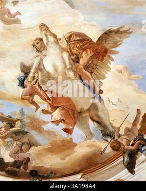 TIEPOLO, Giovanni Battista (* 1696, Venezia, d. 1770, Madrid) Bellerophon on Pegasus (Detail) 1746-47 Fresco Palazzo Labia, Venedig dieser Abschnitt veranschaulicht die gewagte kompositorische Struktur und die extreme Perspektive, in der Pegasus und Bellerophon erscheinen. Diese Geräte verstärken die Vorstellung des nach vorne galoppierenden Pferdes, was durch die Figur des Amors, der an seinem unteren Rand fast aus dem Bild stürzt, noch verstärkt wird. --- Schlüsselwörter: ----------------- Autor: TIEPOLO, Giovanni Battista Titel: Bellerophon on Pegasus (Detail) T Stockfoto