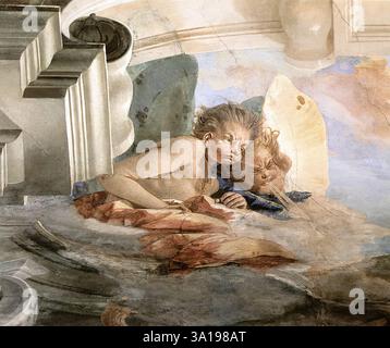 TIEPOLO, Giovanni Battista (* 1696, Venezia, d. 1770, Madrid) der Wind (Detail) 1746-47 Fresco Palazzo Labia, Venedig dieser Abschnitt zeigt zwei Windgötter, deren übertriebene Blasgeste und mit Anstrengung verzerrte Gesichter Tiepolos Gefühl der Übertreibung und des skurrilen Darstellungsstils demonstrieren. --- Schlüsselwörter: ----------------- Autor: TIEPOLO, Giovanni Battista Titel: Der Wind (Detail) Zeitlinie: 1701-1750 Schule: Italienisch Form: Malerei Typ: Mythologisch Stockfoto