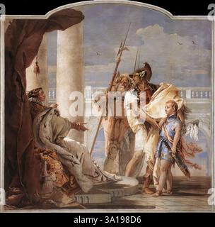 TIEPOLO, Giovanni Battista (* 1696, Venezia, d. 1770, Madrid) Aeneas stellt Cupid gekleidet als Ascanius zu Dido 1757 Fresco, 230 x 240 cm Villa Valmarana, Vicenza Königin Dido von Karthago Aeneas willkommen. Zum Dank hat Letzterer seinen Sohn Ascanius vom Schiff mit Geschenken für die Gastgeberin mitgebracht. Venus tauscht ihn gegen Amor aus, was dazu führt, dass Aeneas und Dido sich verlieben. Gegenstand des Freskos ist die Darstellung des Sohnes Aeneas, aber die Flügel und das Zittern der Pfeile weisen auf die wahre Identität des Gottes der Liebe hin. Auf der linken Seite sitzt Dido in prächtigen Gewändern Stockfoto